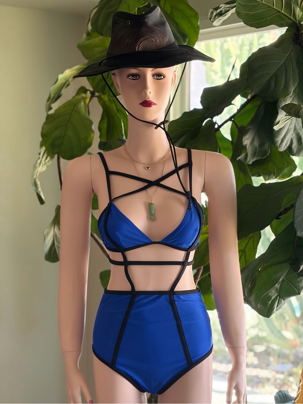 Chromat Blue and Black Strappy One-Piece Swimsuit